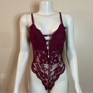Plum front straps removable pads lace teddy bodysuit